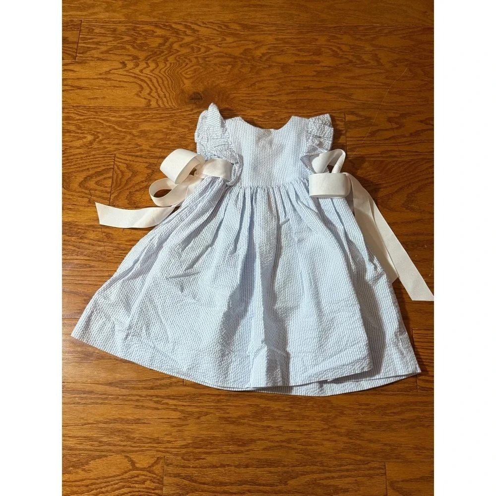 Funtasia Too Girls Blue Stripe Seersucker Ruffle Sleeve Dress Sz 24M NWOT Preppy